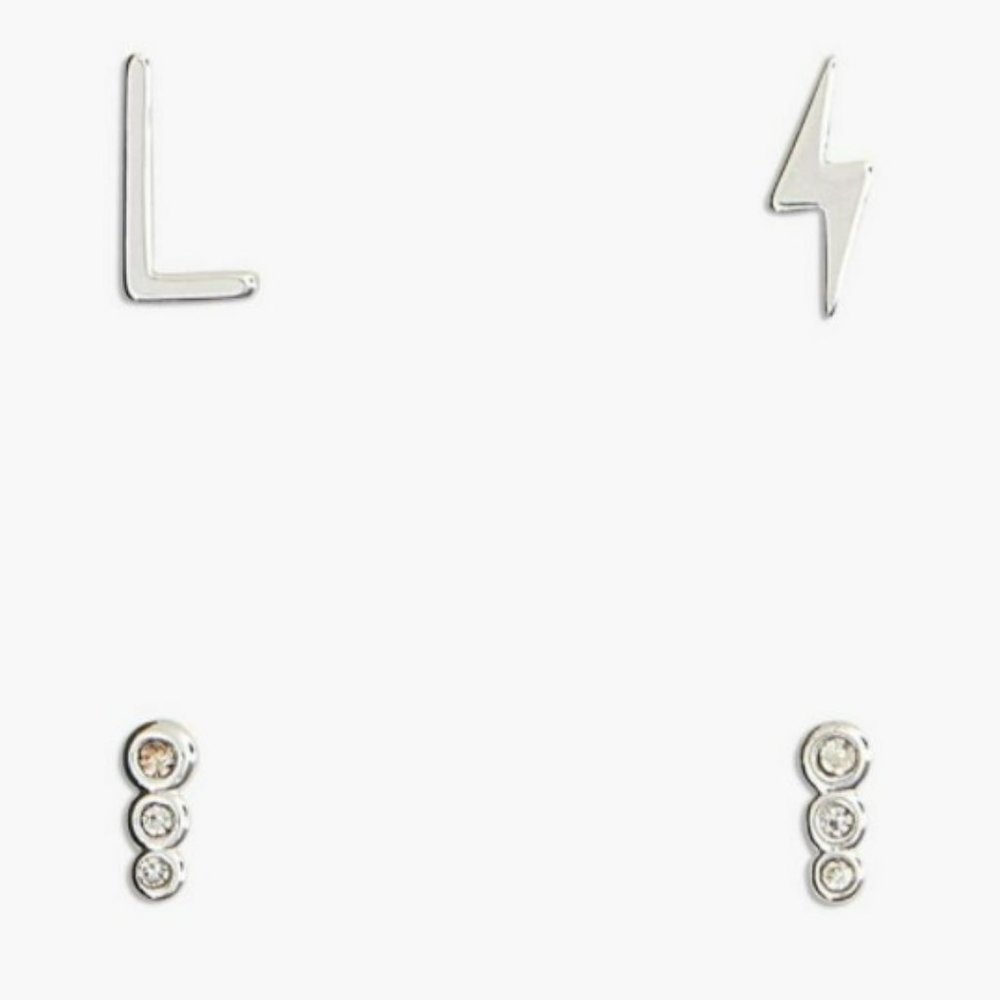 Lucky Brand Earrings thunderbolt Letter L circular studs Silver toned New - Picture 2 of 8